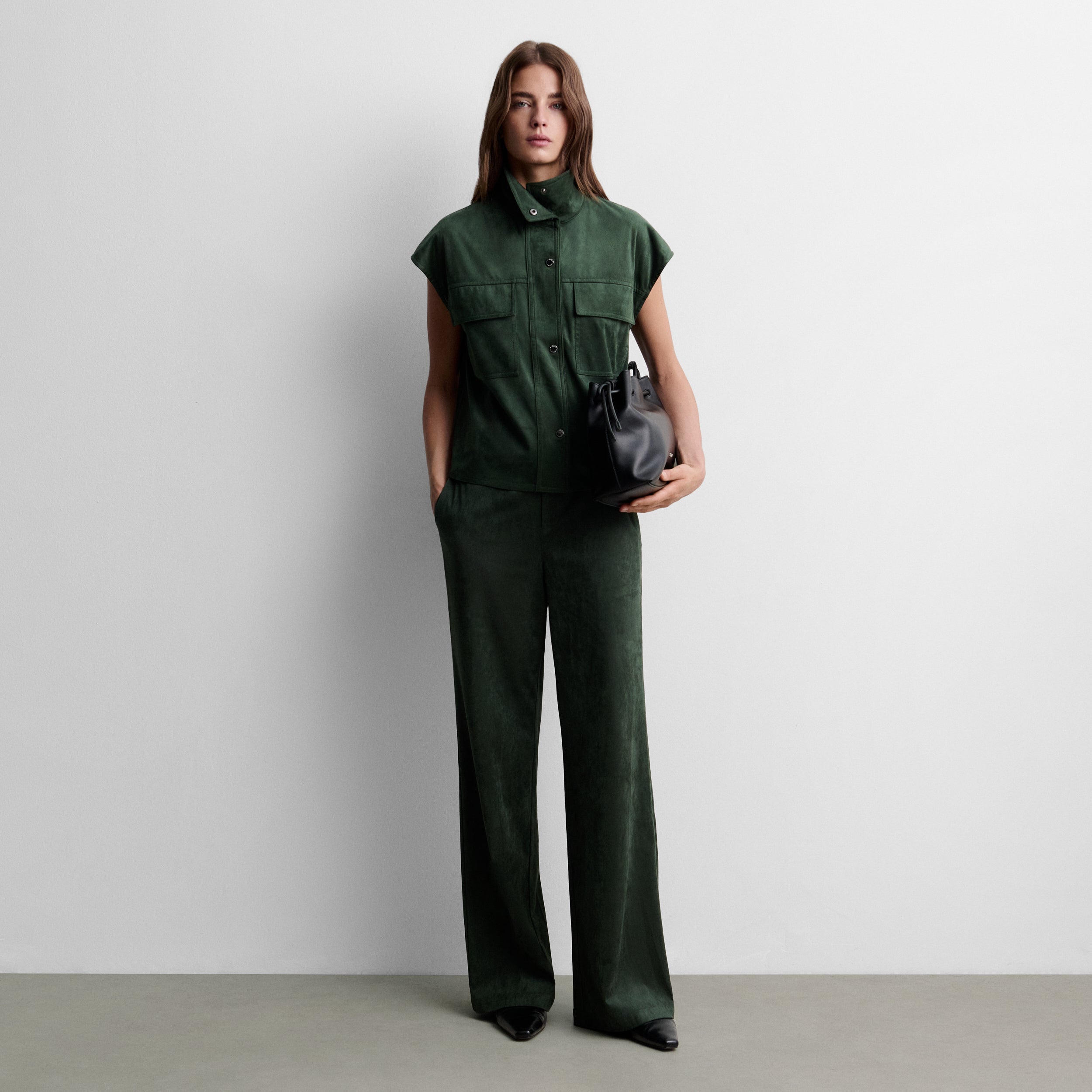 Faux suede top with funnel neck