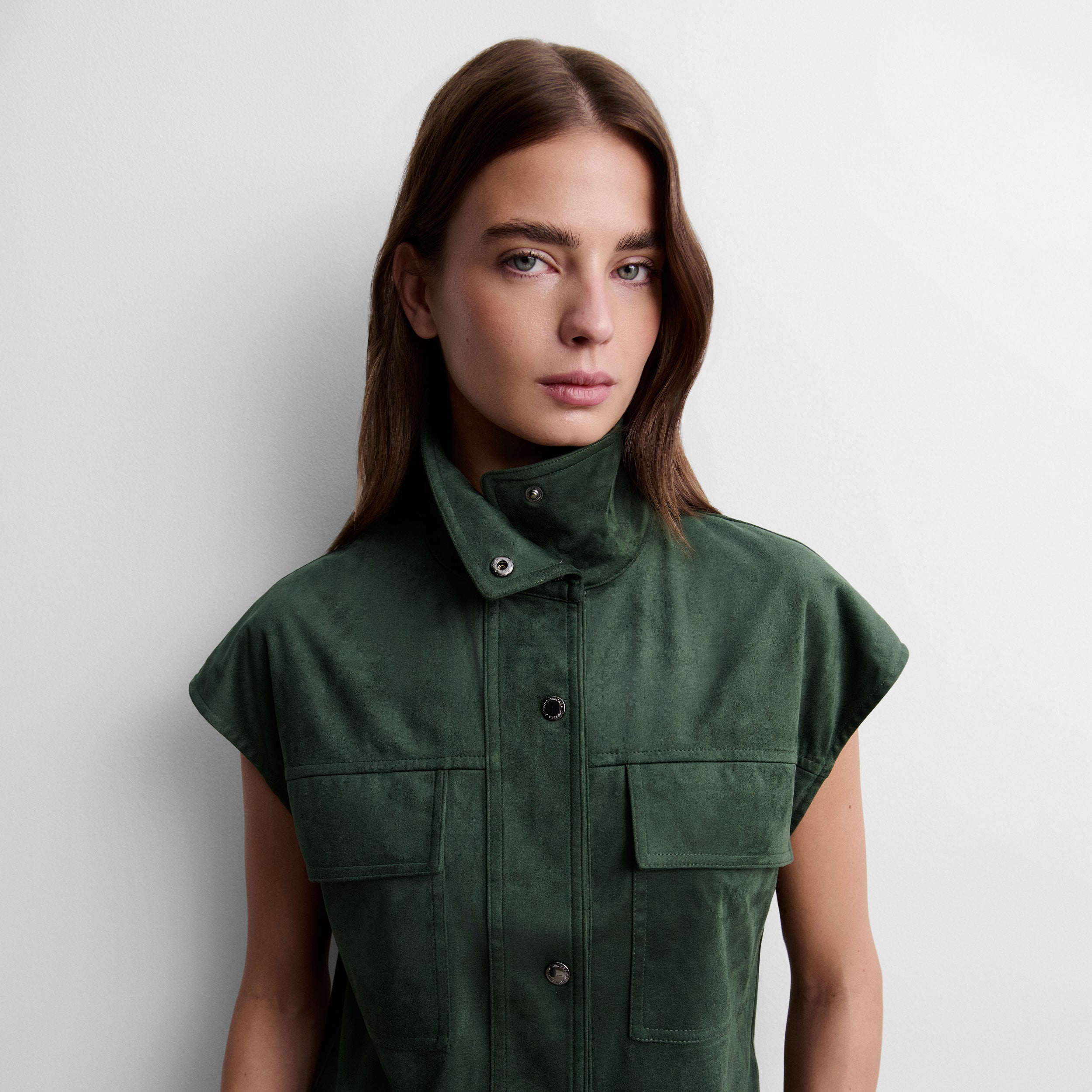 Faux suede top with funnel neck