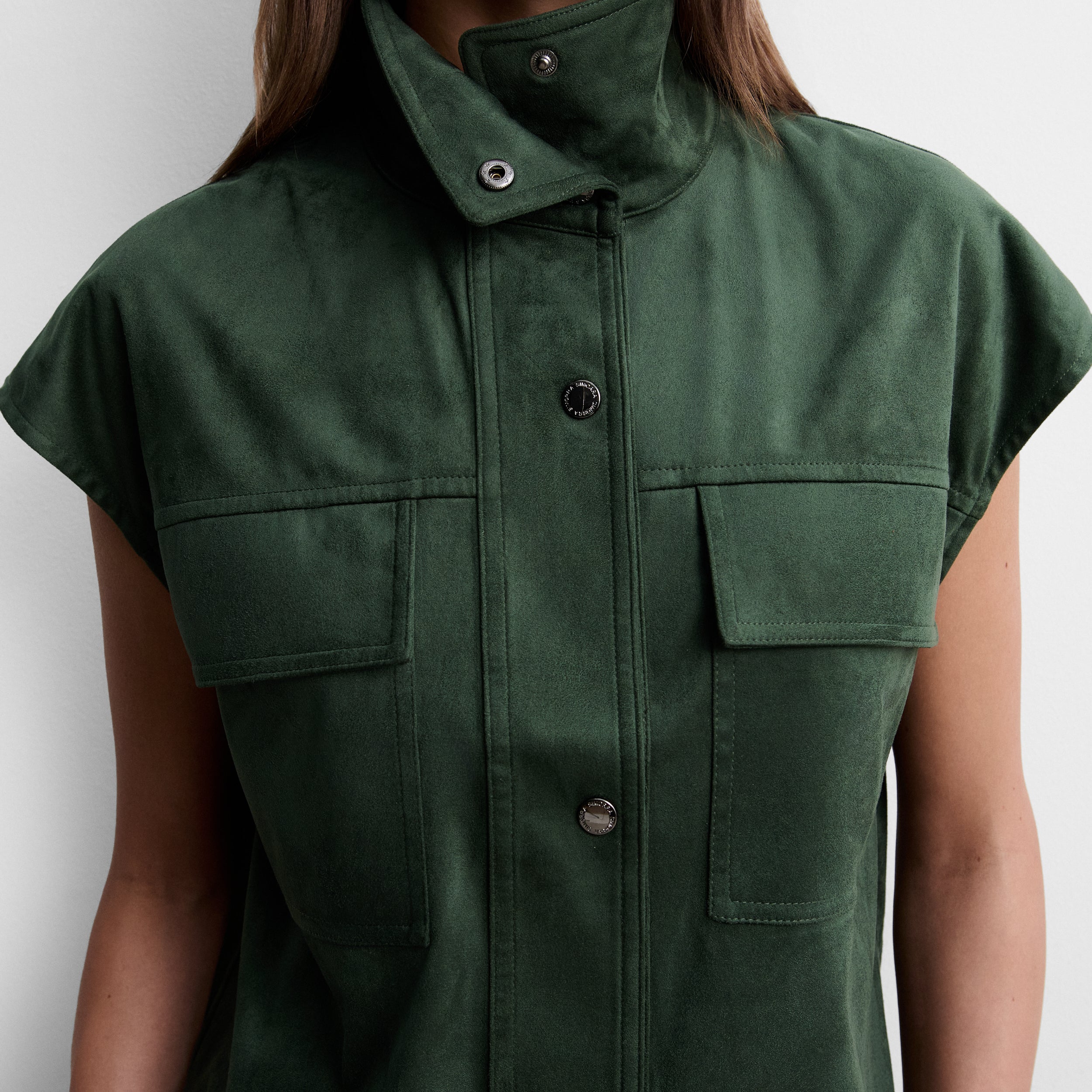 Faux suede top with funnel neck
