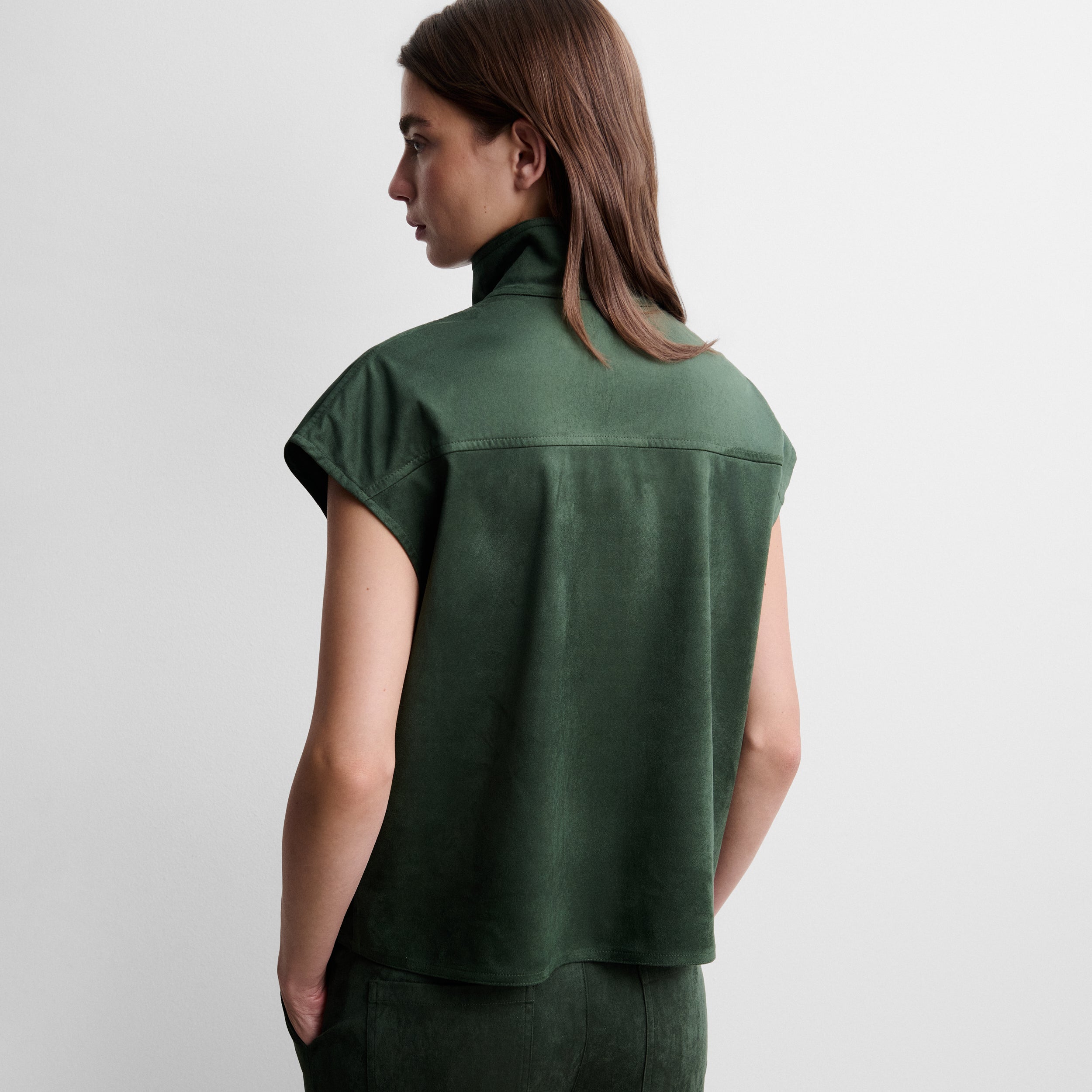 Faux suede top with funnel neck