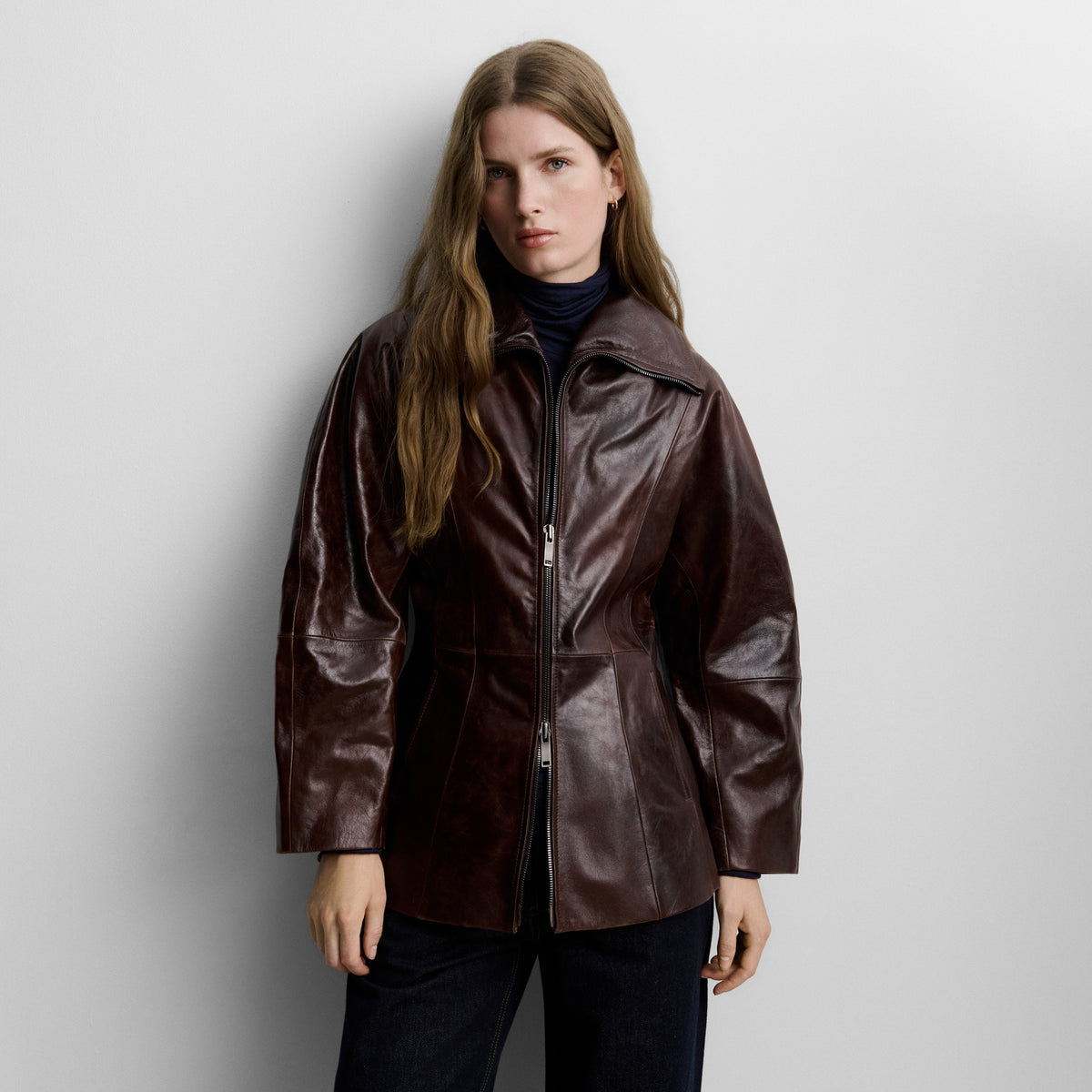 Nappa leather jacket with dolman sleeve