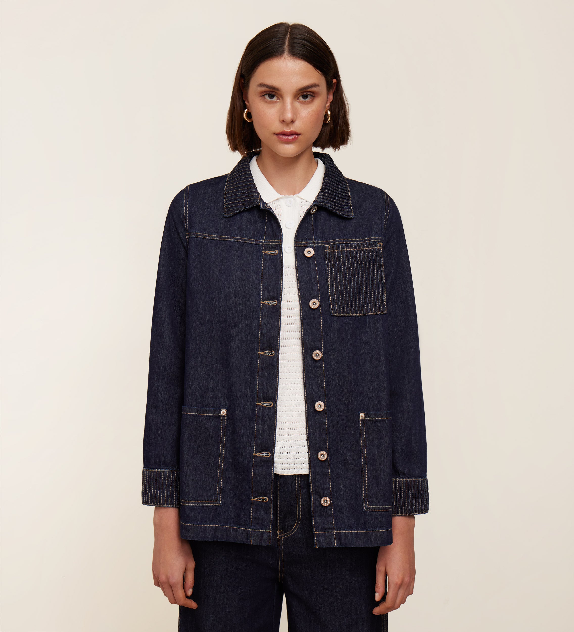Drawstring overshirt with contrast stitching