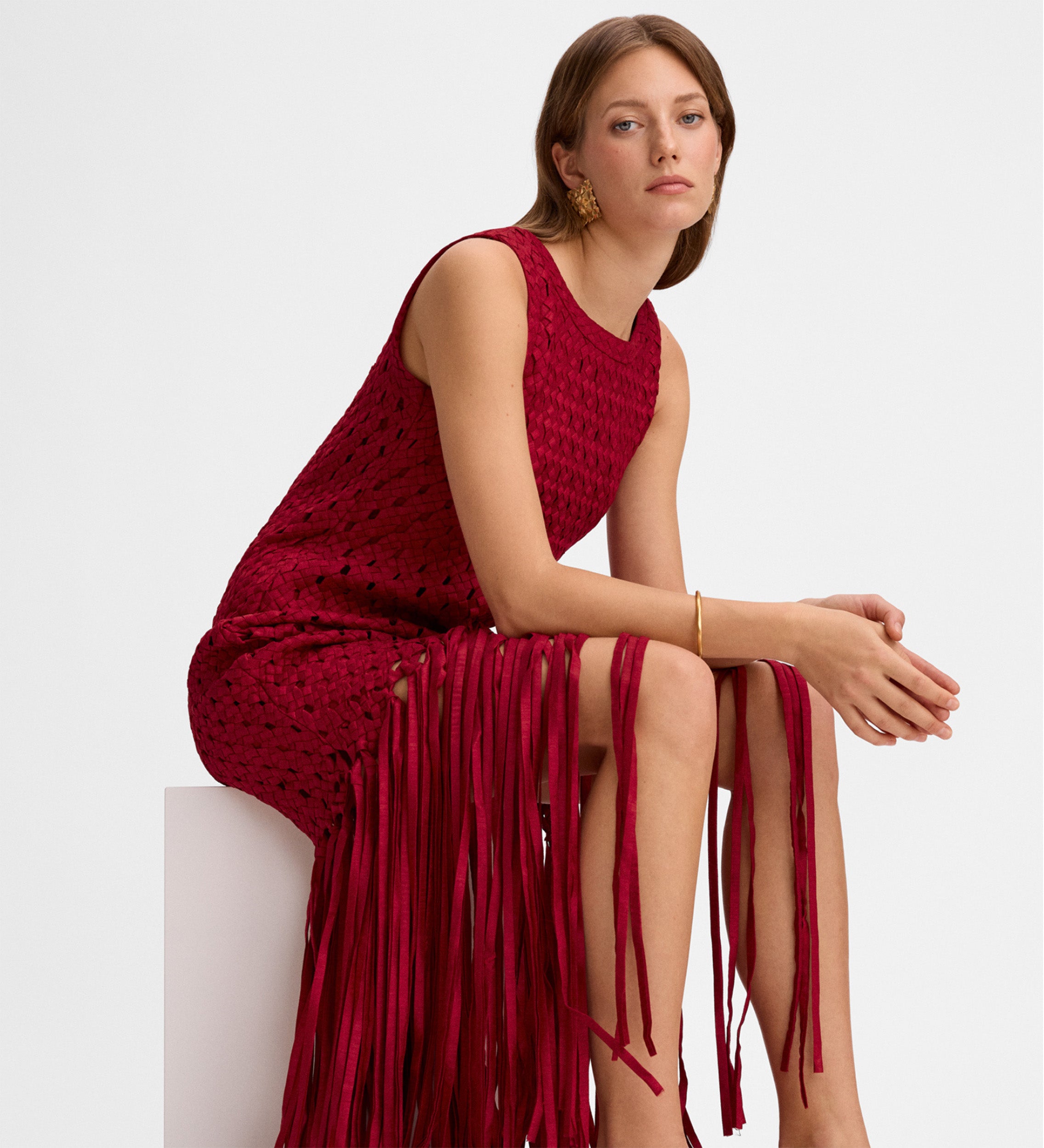 Taffeta dress with fringes