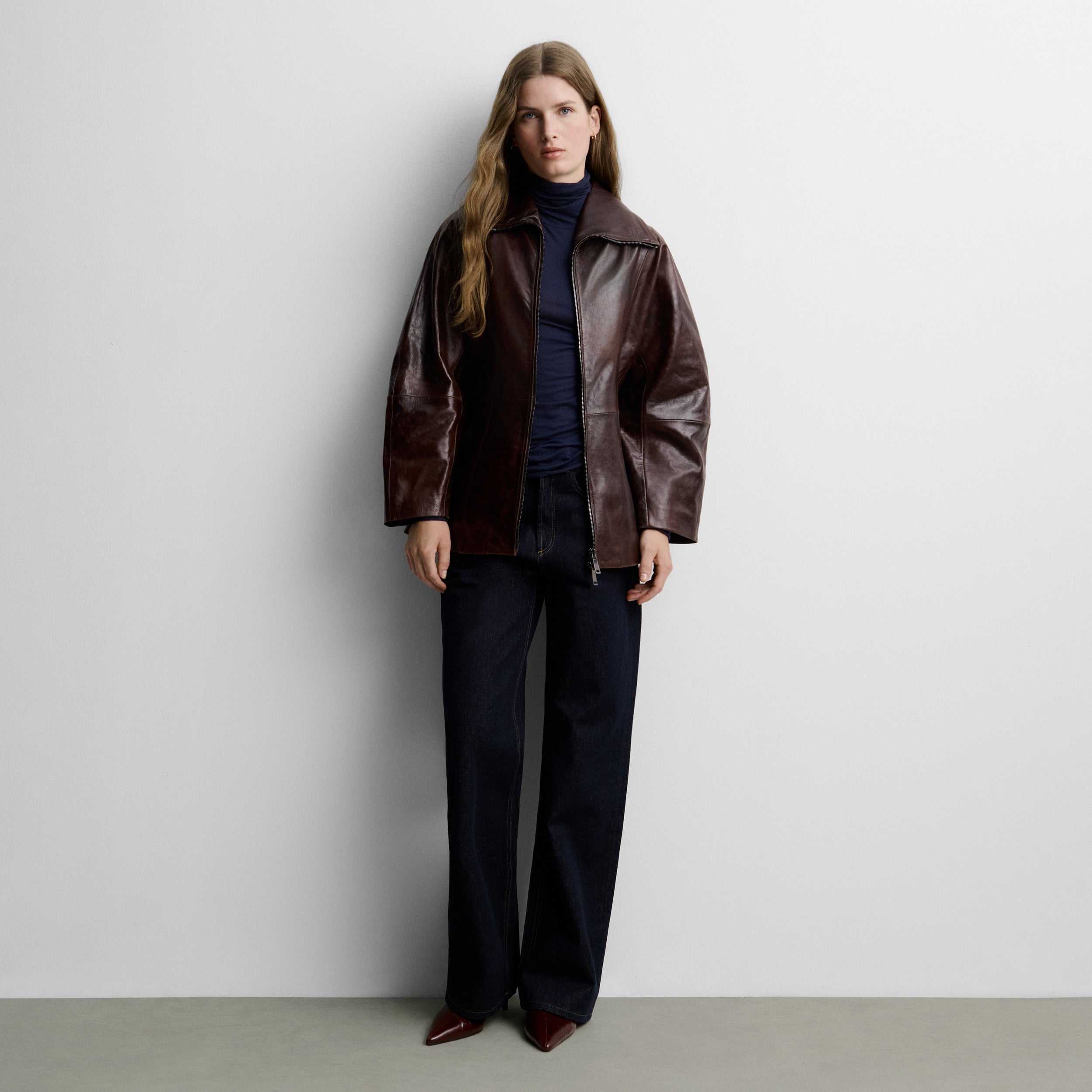 Nappa leather jacket with dolman sleeve