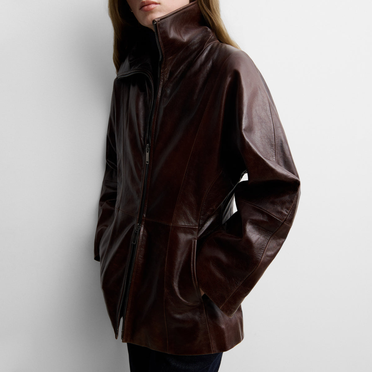 Nappa leather jacket with dolman sleeve