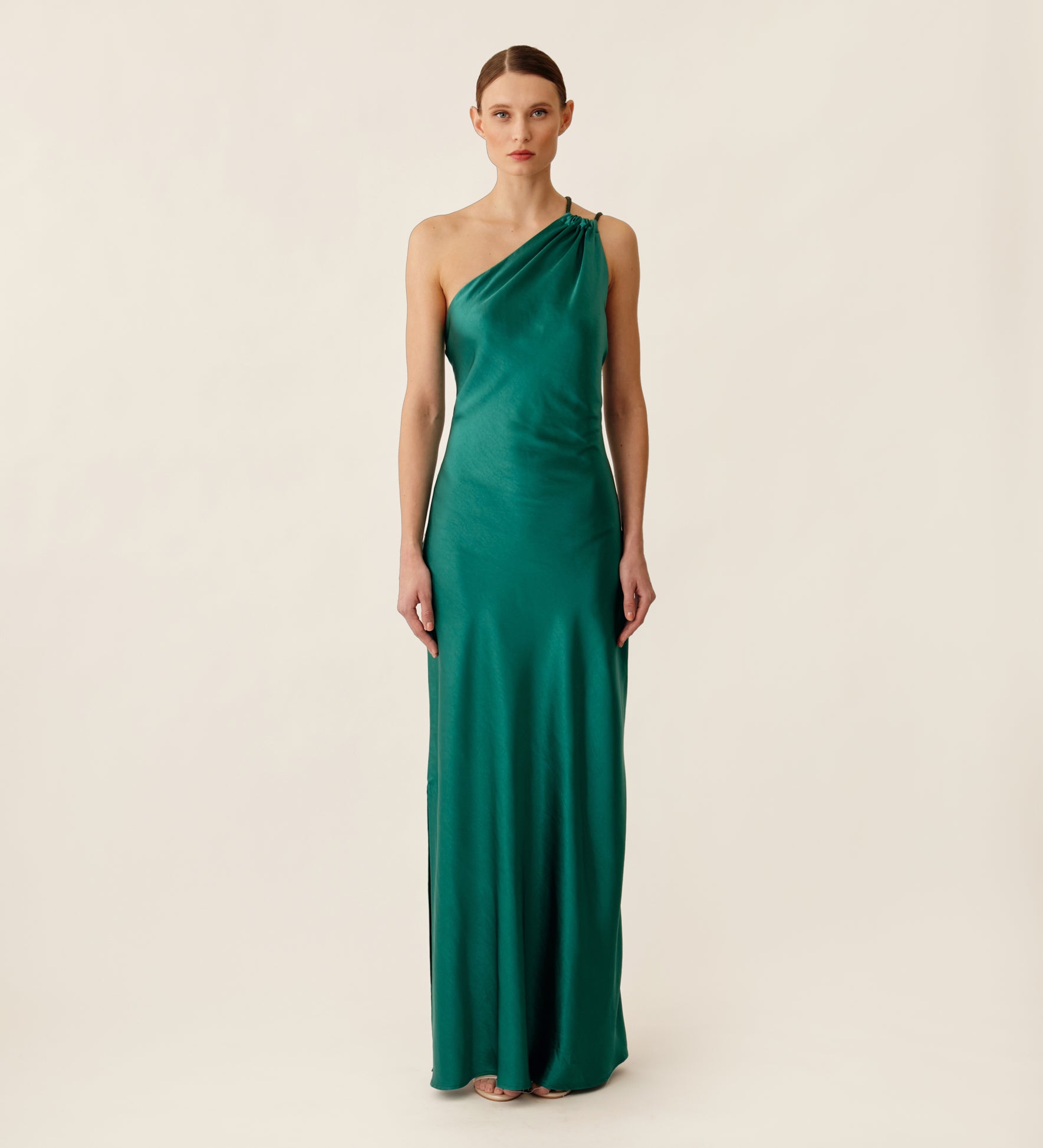 Long asymmetric satin dress