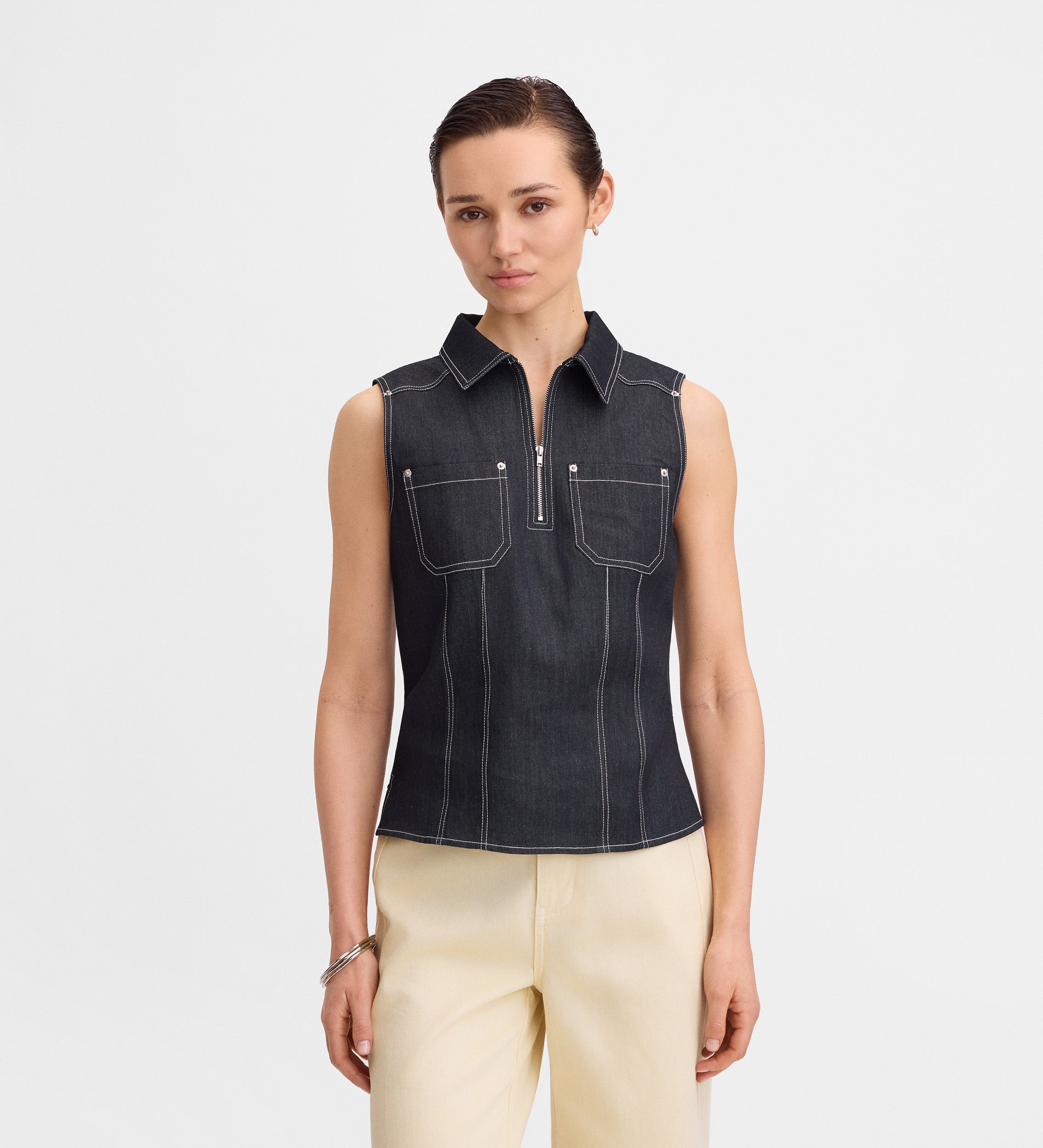 Topstitched denim top