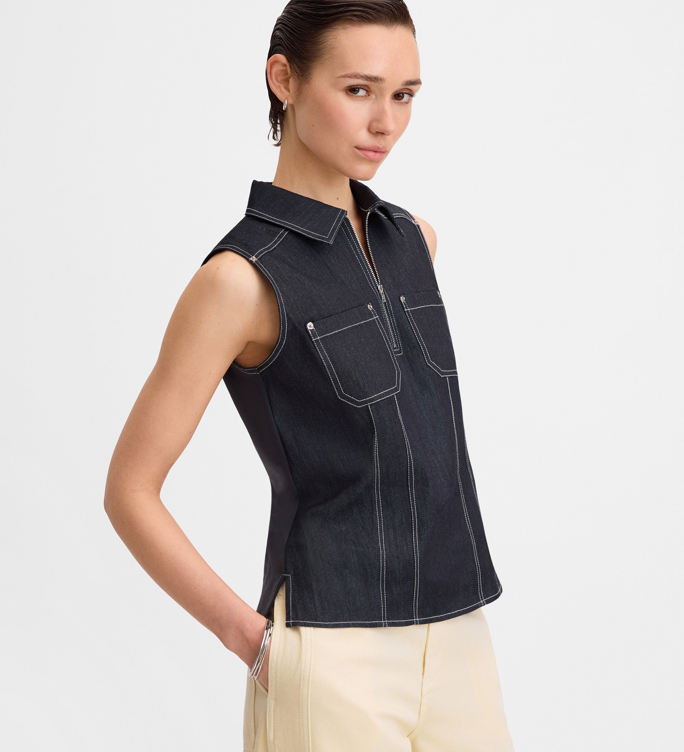 Topstitched denim top